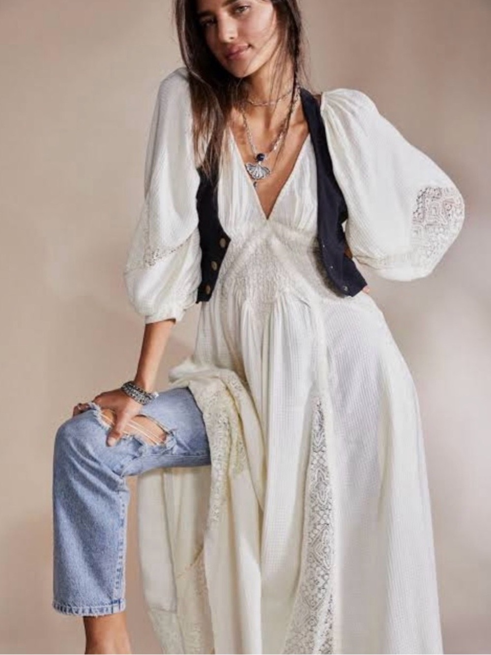NEW Free People Cream Southwest Lace Detail Maxi Dress NWT $198 M 4-8